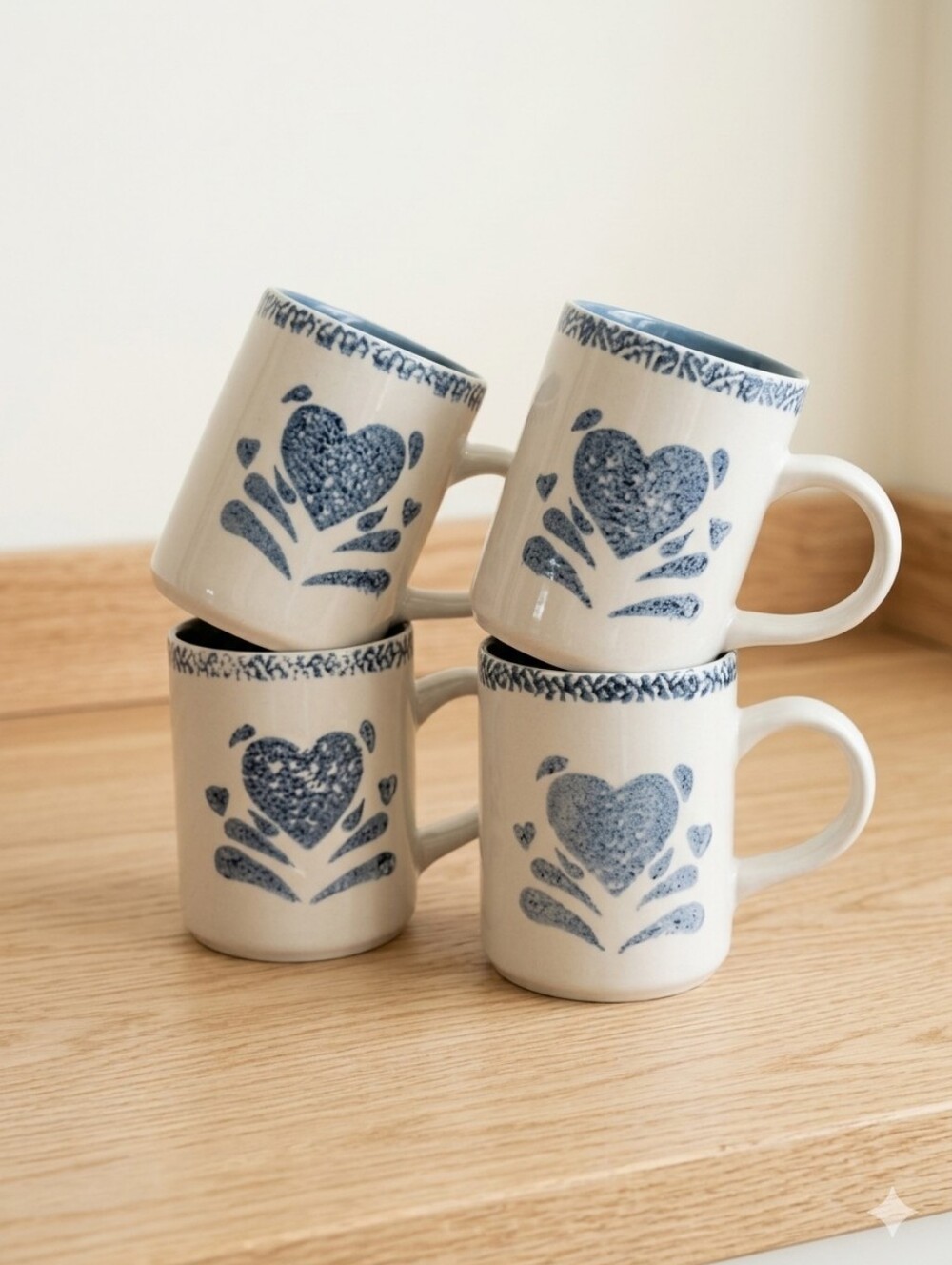 Gibson White Ceramic Mugs with Blue Heart Motif - Set of 4